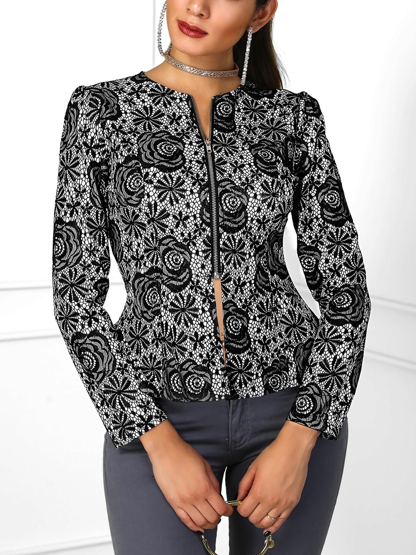 

Zip Up Long Sleeve Lace Coat
