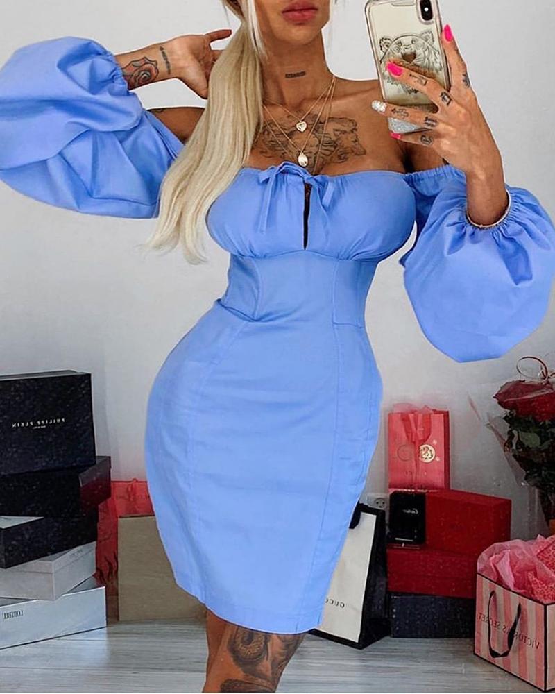 

Solid Lantern Sleeve Off Shoulder Tight Waist Dress, Sky blue