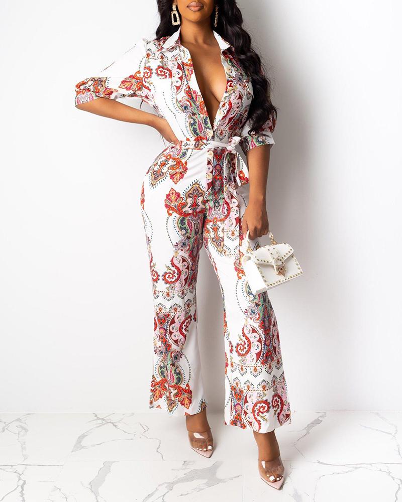 

Sexy Ethnic Print Flare Leg Jumpsuit, White