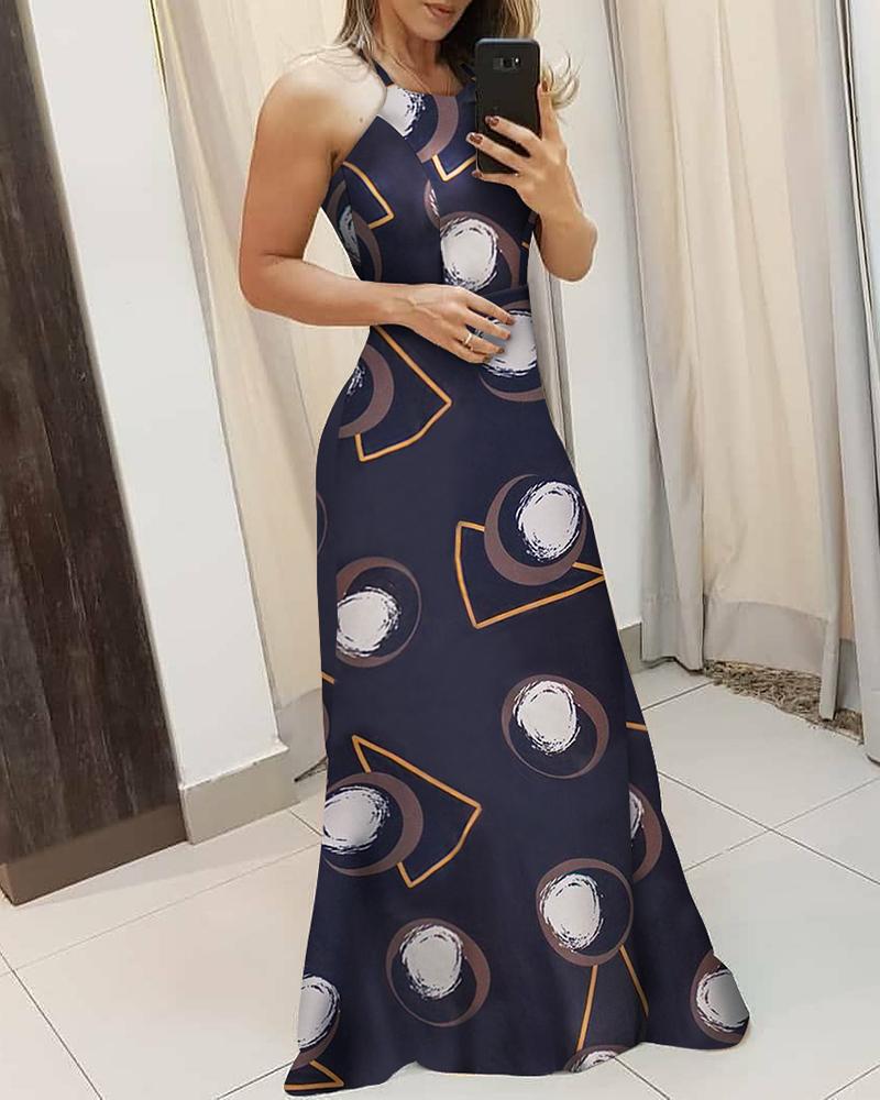 

Geometry Print Sleeveless Maxi Dress, Purplish blue