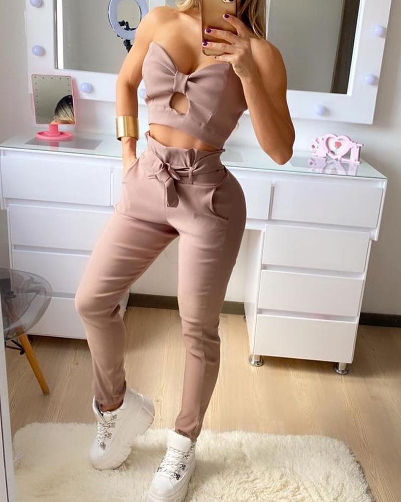 

Bandeau Bowknot Cutout Ruched Crop Top & High Waist Pants Set, Khaki