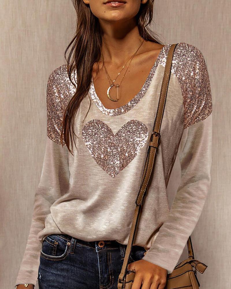 

Sequins Heart Pattern Long Sleeve Top, Khaki