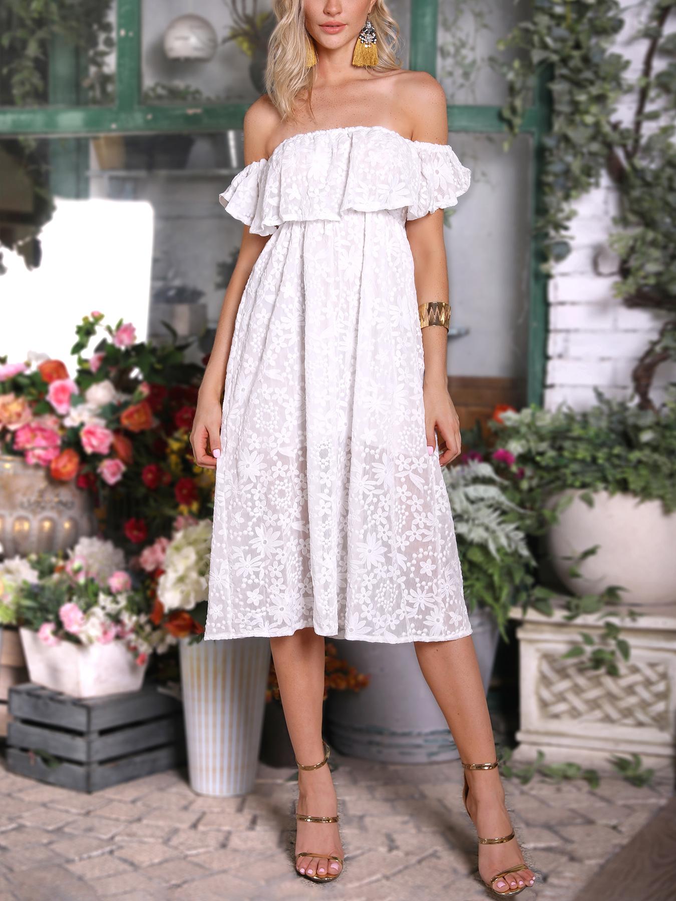 

Ruffles Off Shoulder Floral Lace Casual Dress