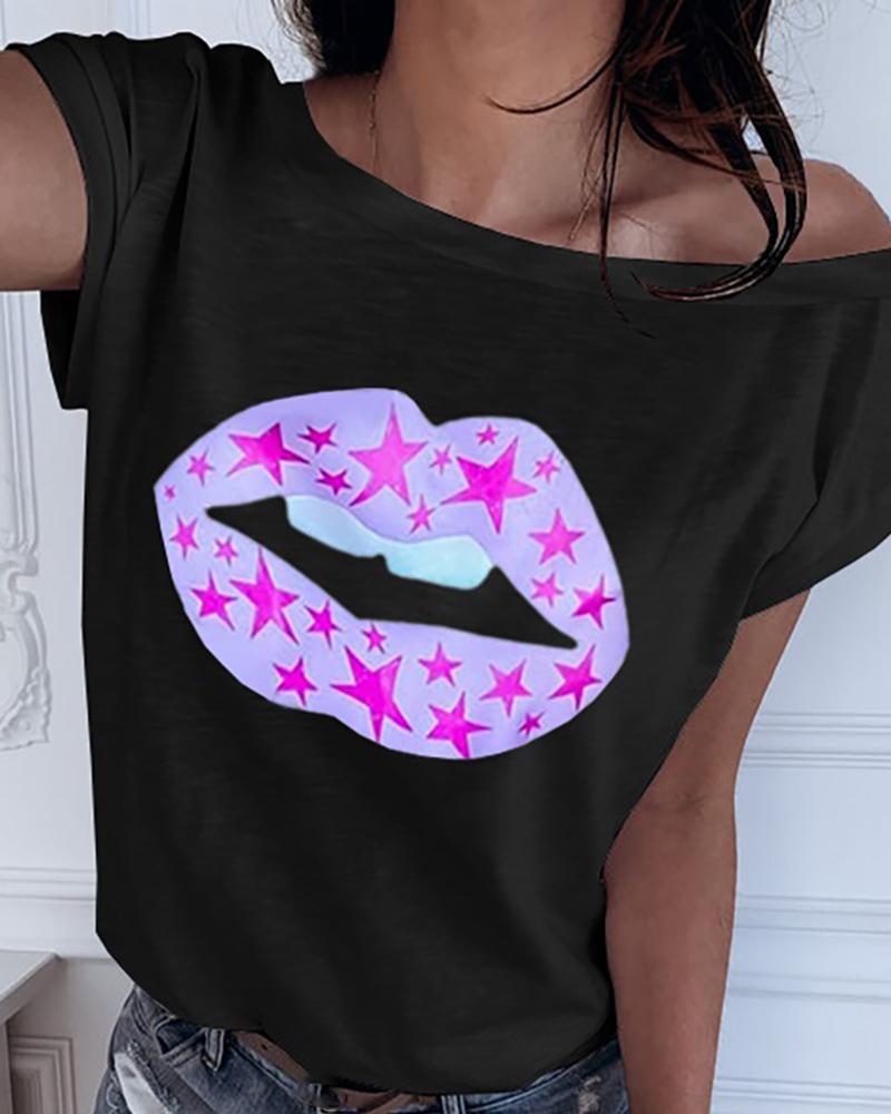 

Stars Print Lip Pattern Casual T-shirt, Black