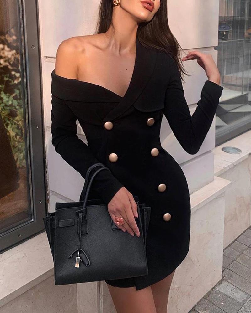 

V Neck Double-breasted Slinky Dress, Black