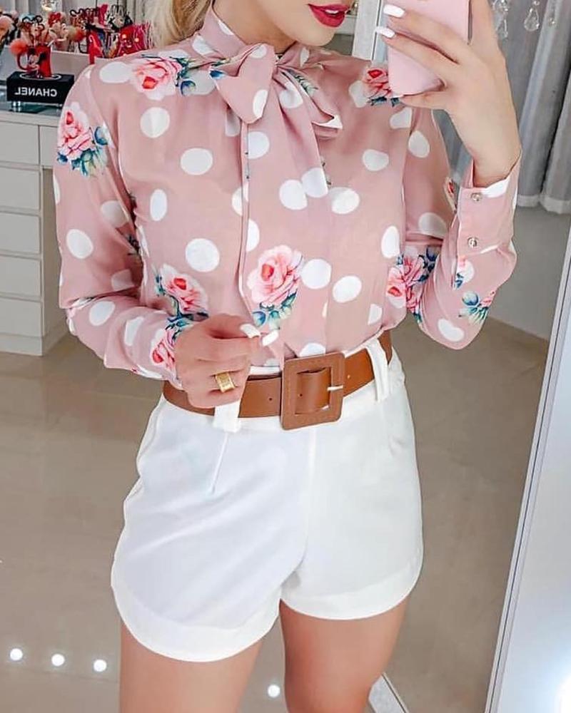 

Tied Neck Dot Floral Print Casual Shirt, Pink