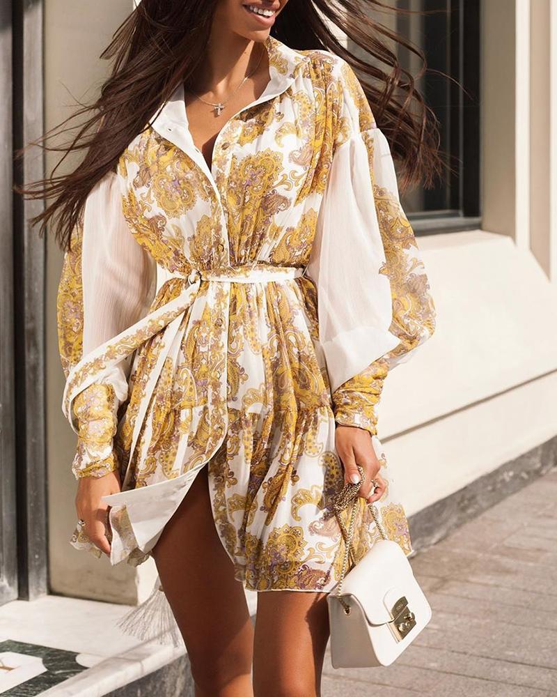 

Lantern Sleeve Retro Print Shirt Dress, Multicolor
