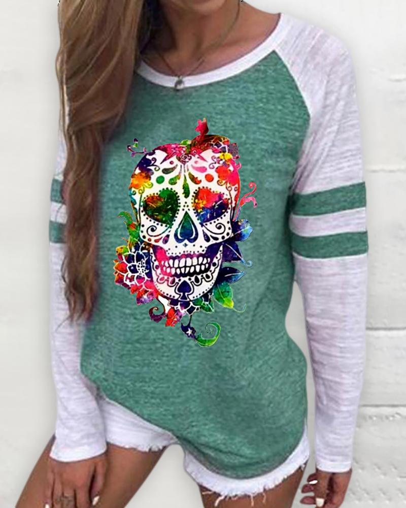 

Long Sleeve Casual Skull Print Sweatshirt, Green