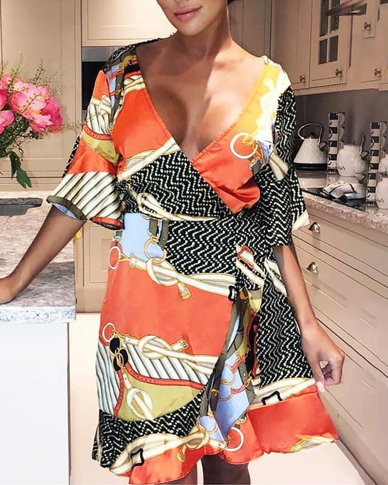 

Scarf Print V-Neck Wrap Ruffles Dress