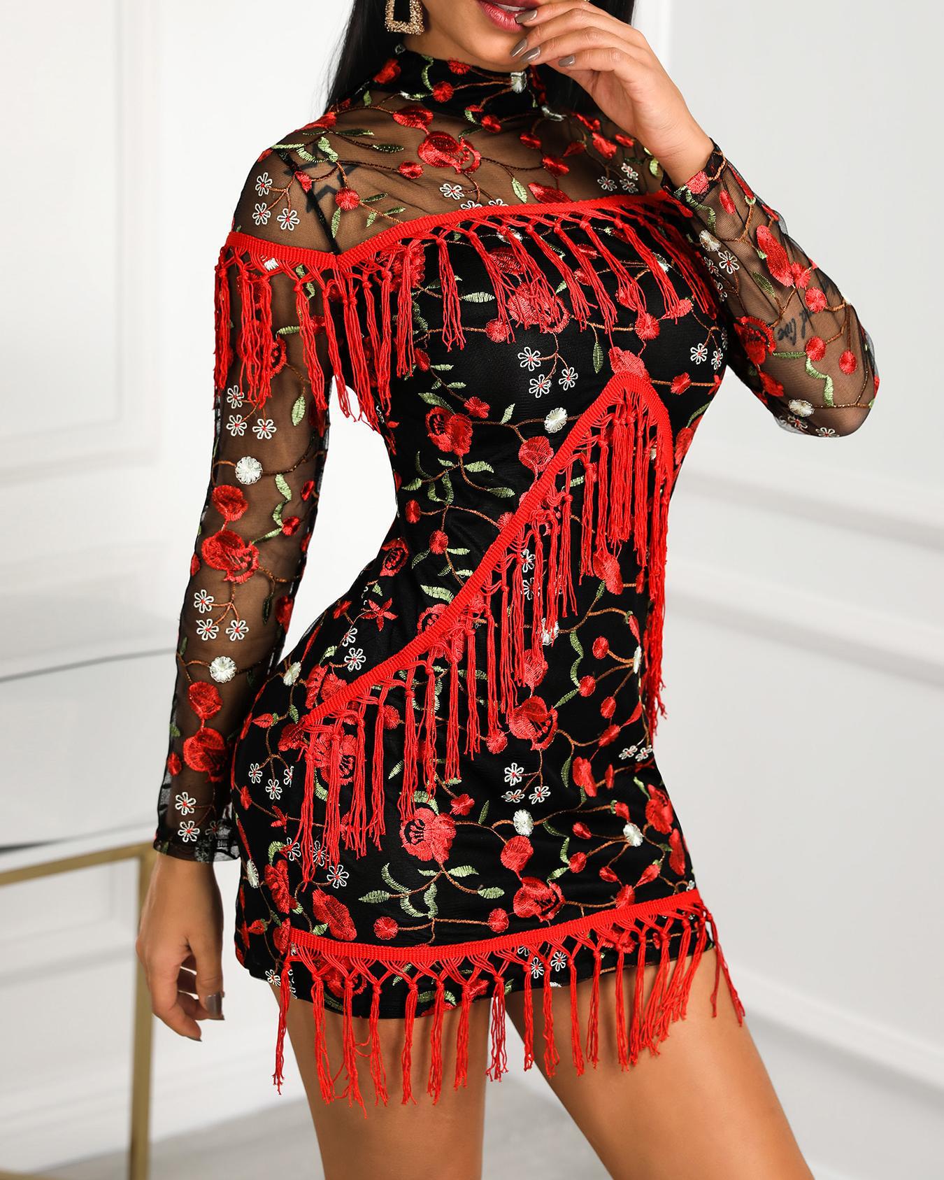 

Tassel Detail Mesh Floral Embroidery Mini Dress, Red
