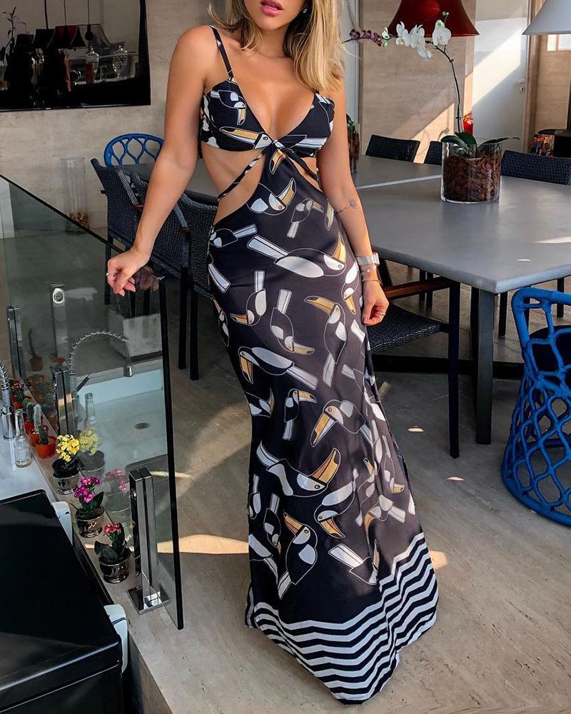 

Spaghetti Strap Abstract Print Cutout Maxi Dress