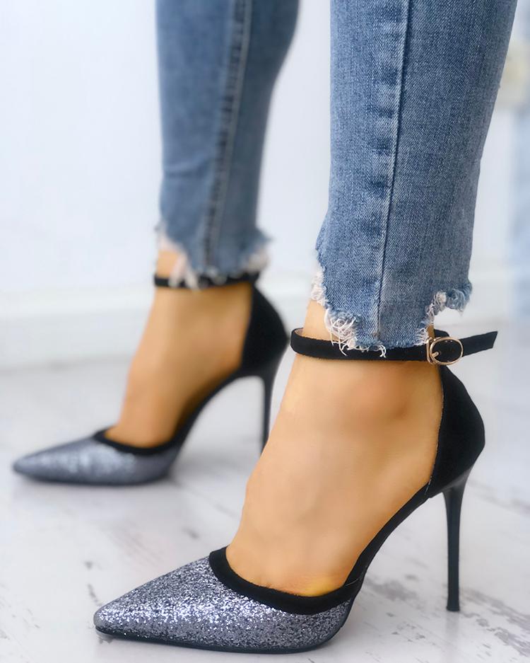 

Sequins Ankle Strap Pointed Toe Heels, Silver