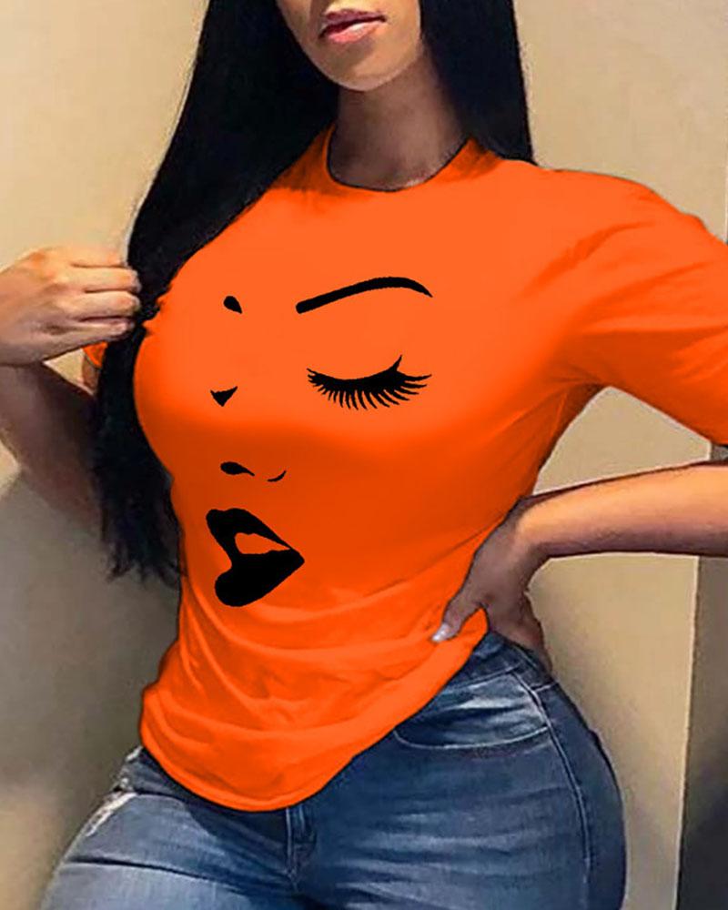 

Abstract Figure Print Short Sleeve Casual T-shirt, Orange