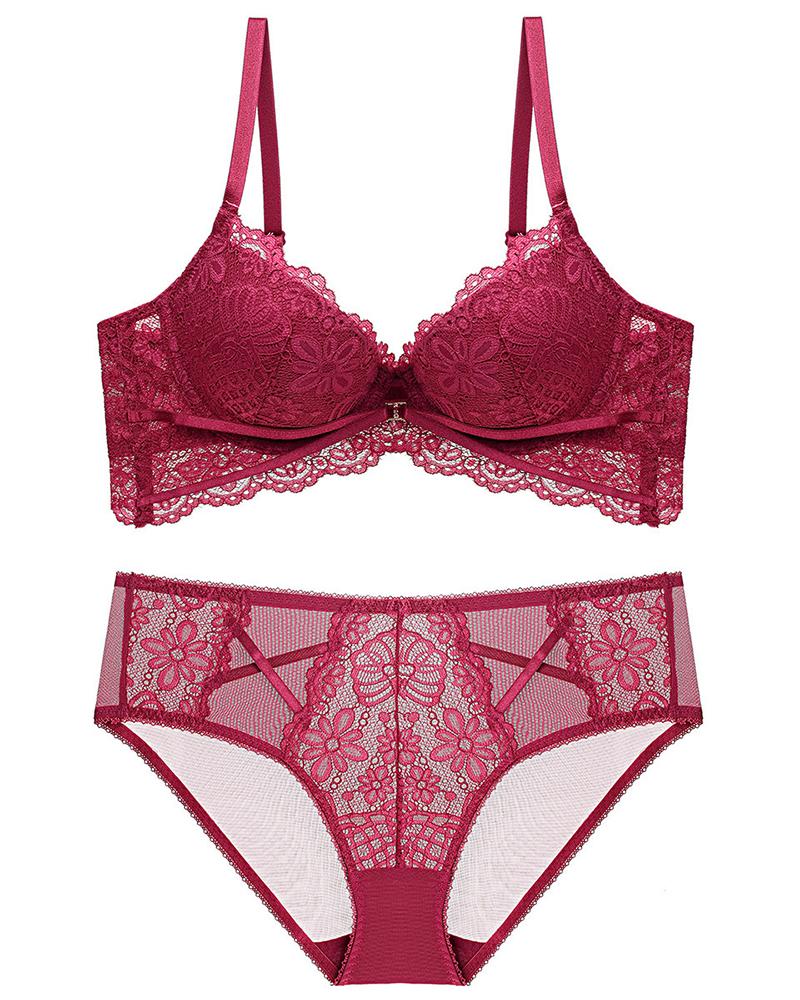 

Crochet Lace Sheer Mesh Bra Set, Wine red