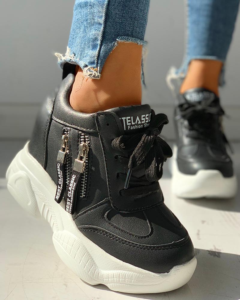

Lace-Up Zipper Design Sneakers, Black