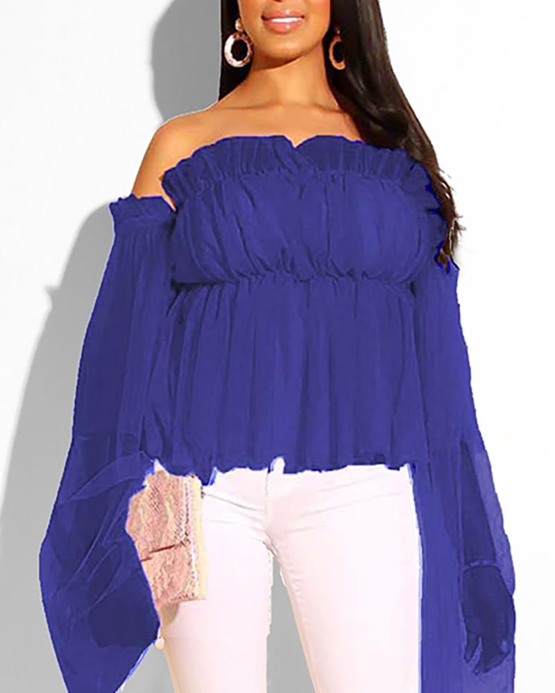

Frill Trim Off Shoulder Bell Sleeve Mesh Blouse, Blue