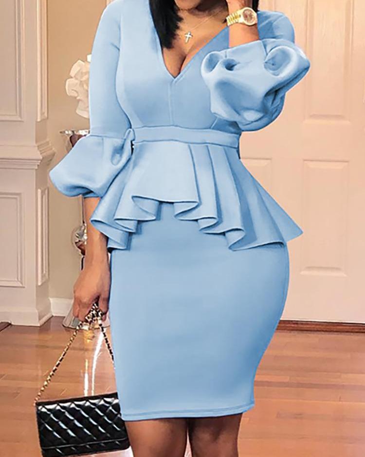 

Lantern Sleeve Ruffles Design Top & Skirt Sets, Light blue