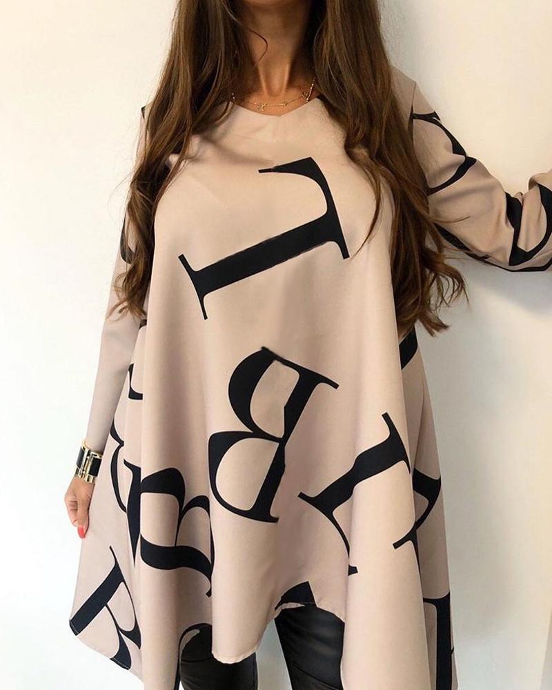 

Letter Print Long Sleeve Irregular Blouse, Apricot