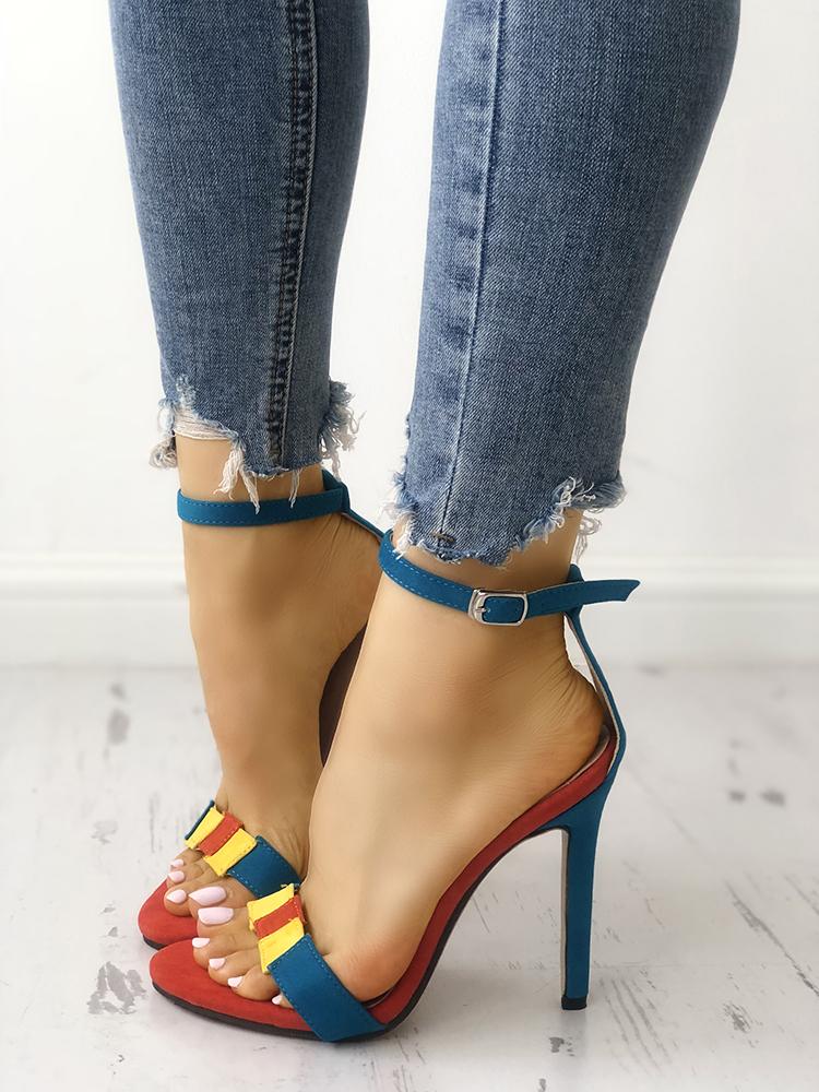 

Trendy Colorblock Ankle Strap Heeled Sandals, Blue