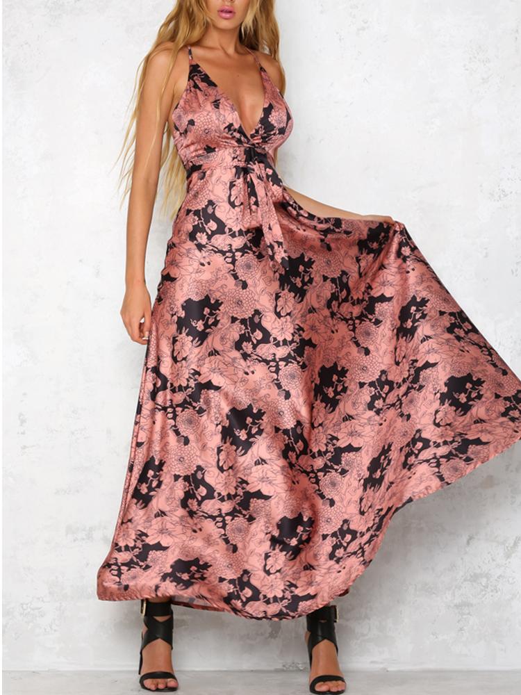 

Deep V Floral Print Crisscross Back Pleated Maxi Dress, Red