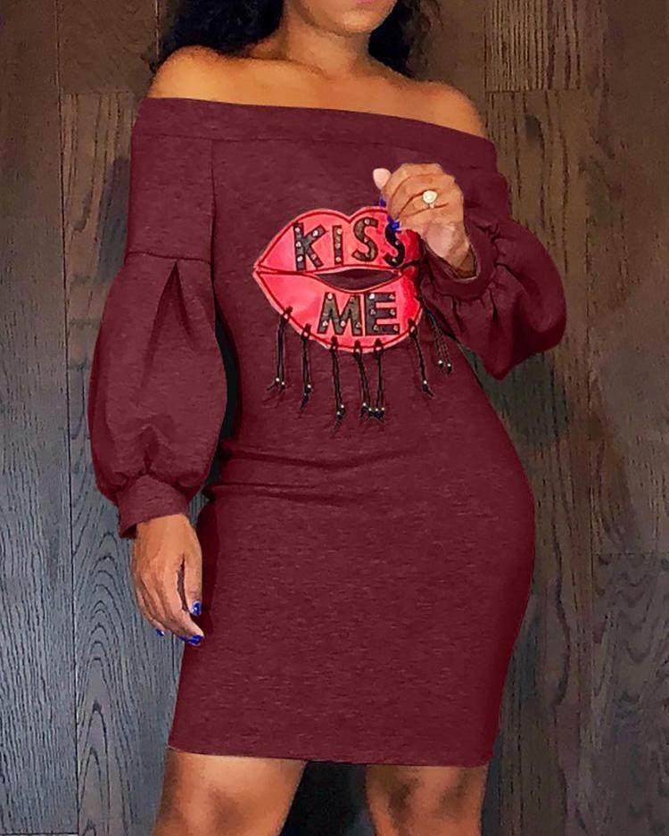 

Kiss Me Lip Pattern Off Shoulder Dress, Wine red