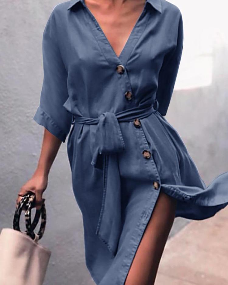 

Button Design Tied Waist Denim Shirt Dress, Dark blue