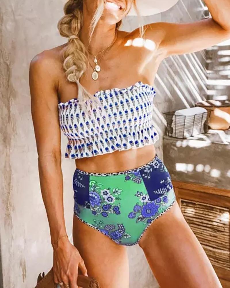 

Bandeau Floral Print Shirring Design Frill Hem Tankini Set, Blue