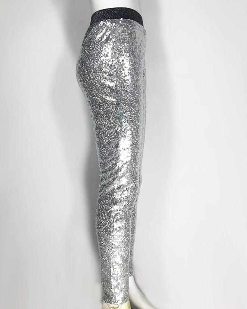 

Sequined High Waist Long Pants, Silver
