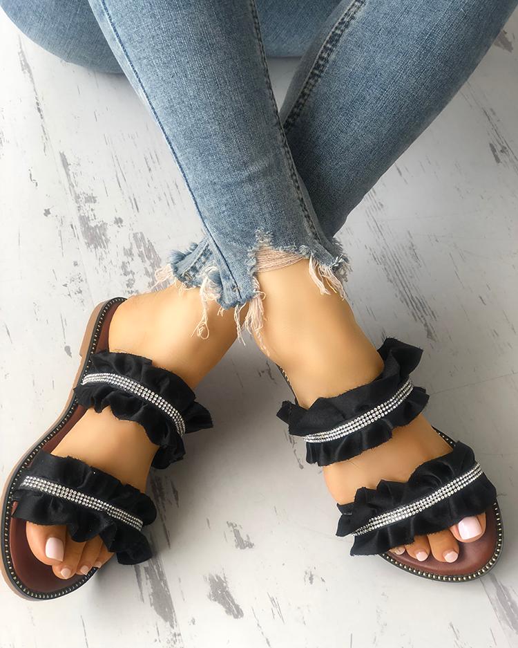 

Shiny Embellished Ruffles Peep Toe Flat Sandals