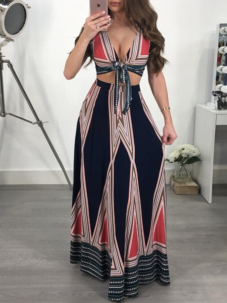 

Geo Print Knot Front Cropped Top&Maxi Skirt Set