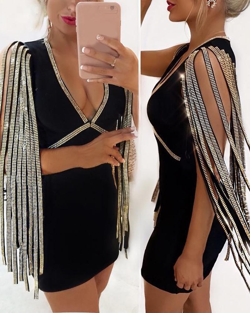 

Tassel Studded Plunge Bodycon Dress, Black
