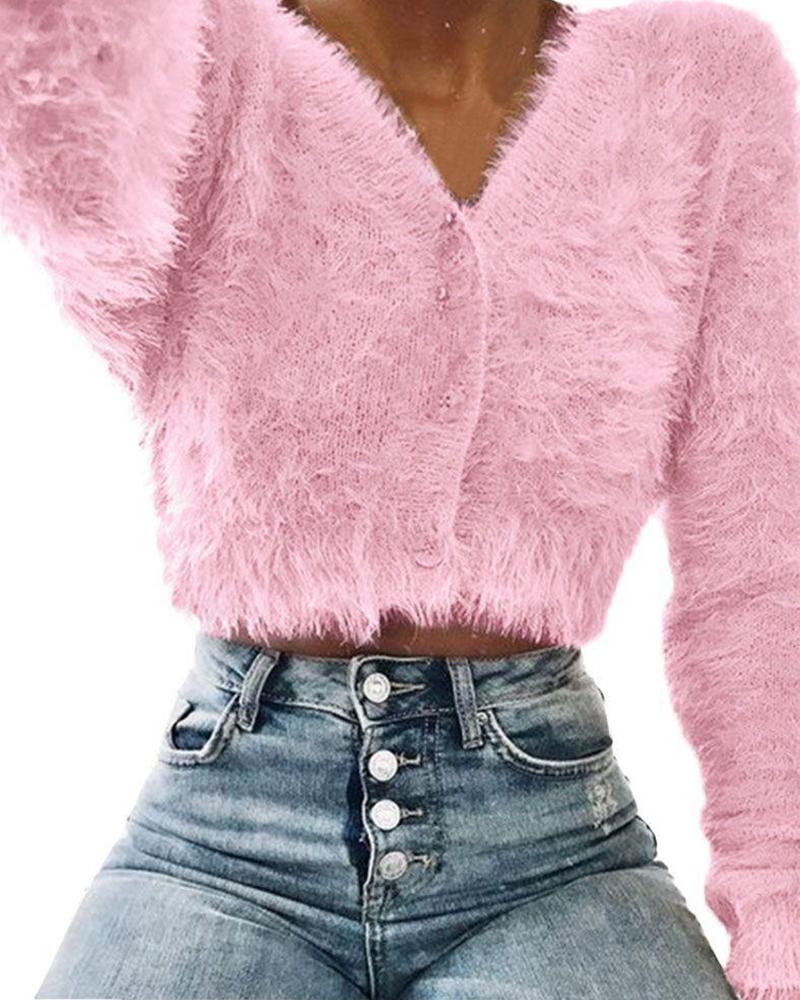 

V-Neck Fluffy Knitting Sweater, Pink