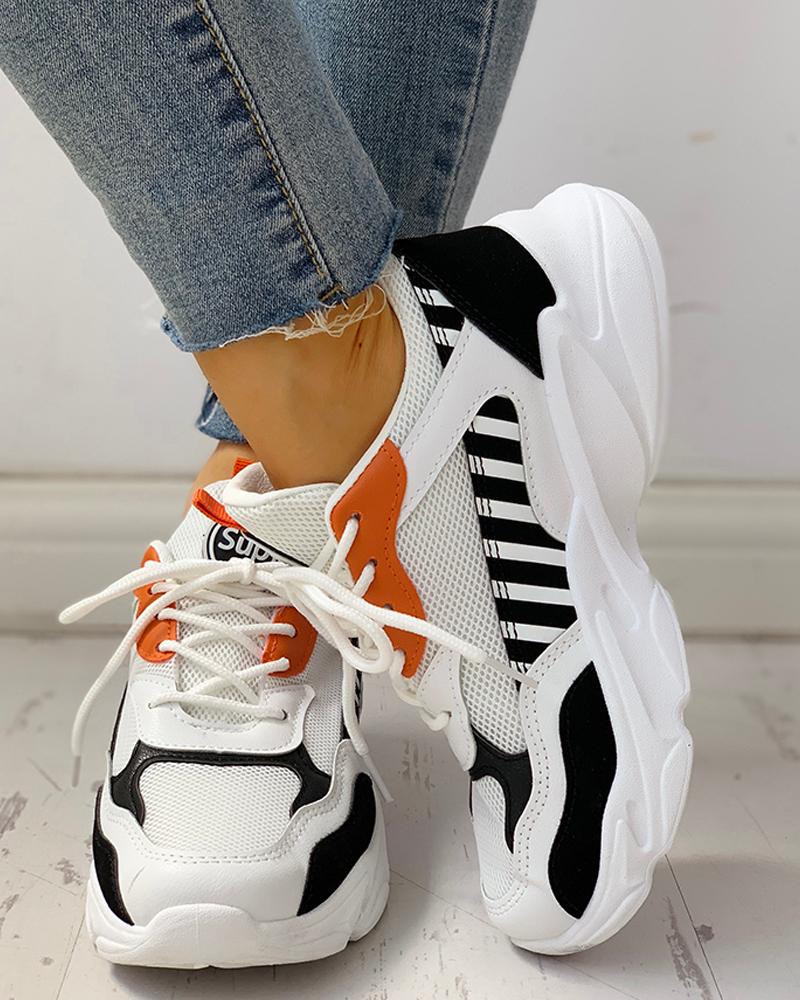 

Colorblock Lace-Up Casual Platform Sneakers, Orange