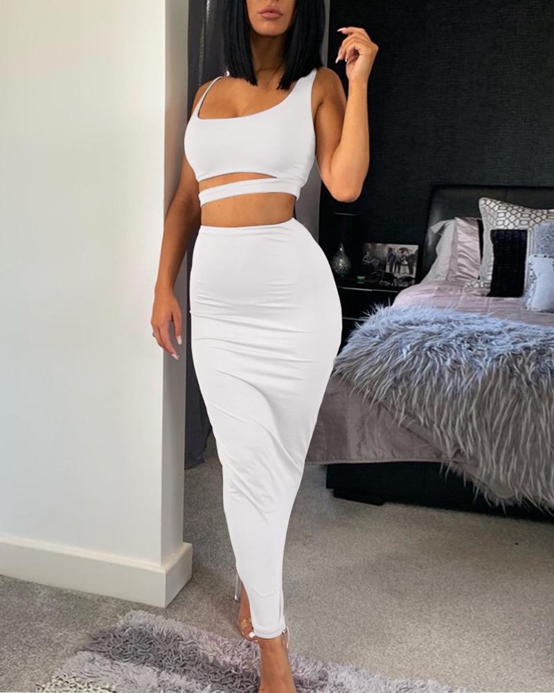

Solid Thin Strap Cut Out Waist Tank & Skirt Sets, White