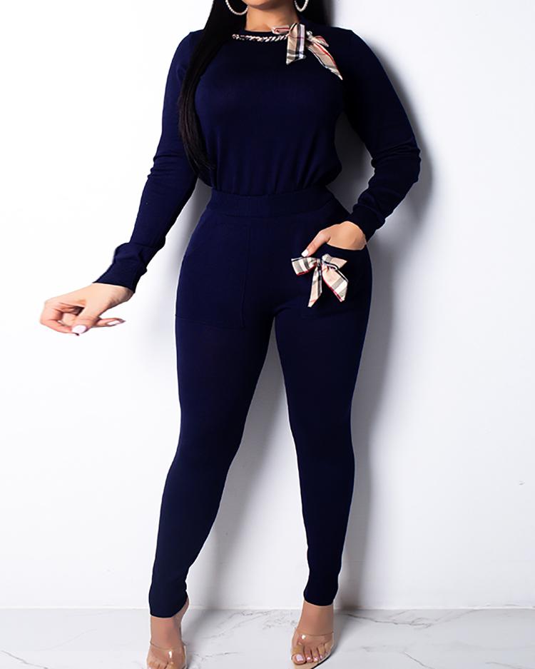 

Plaid Bow Design Pocket Tracksuits, Black