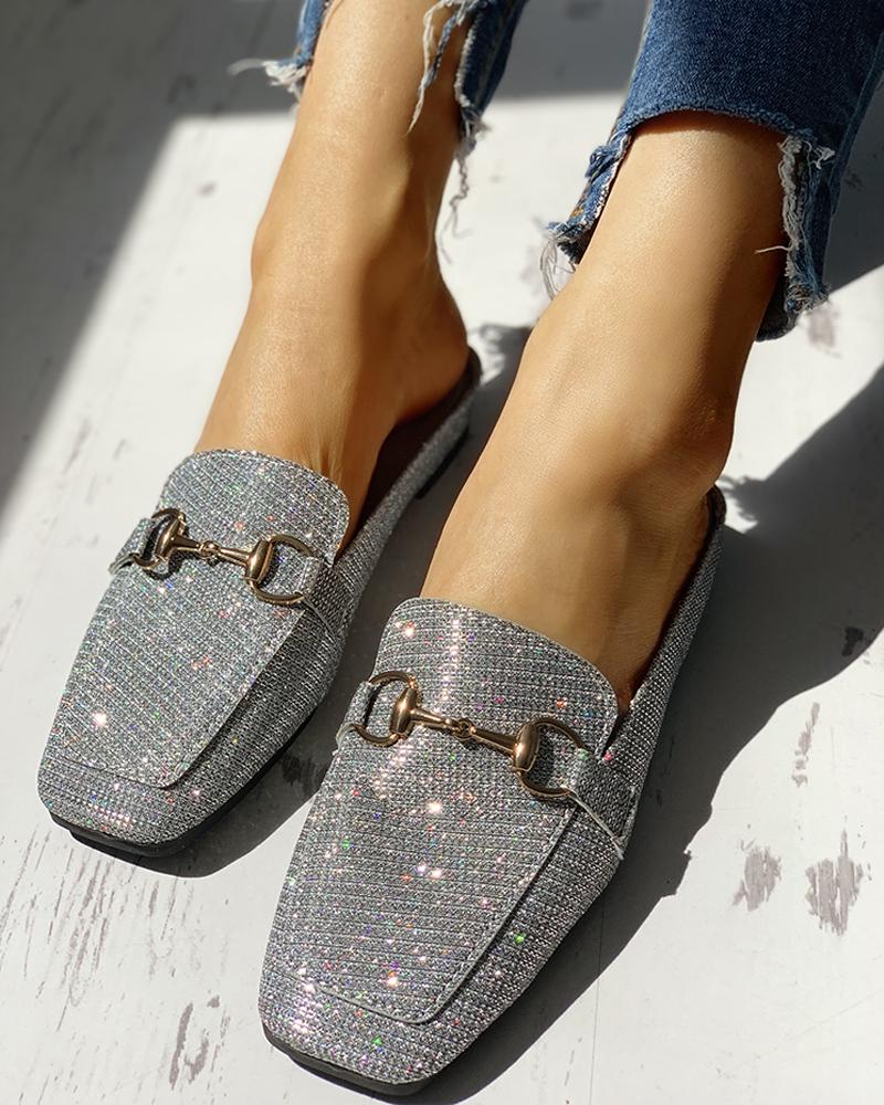 

Glitter Metallic Embellished Casual Flat Shoes, Silver