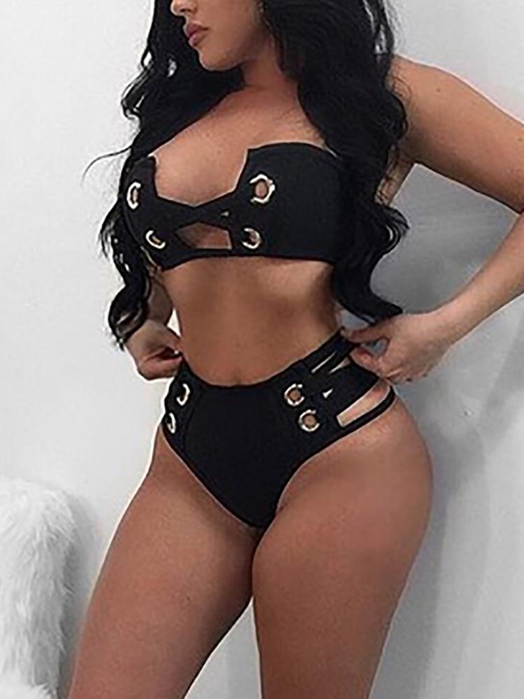 

Seductive Wrapped Chest Grommet Lace-up Bikini Set