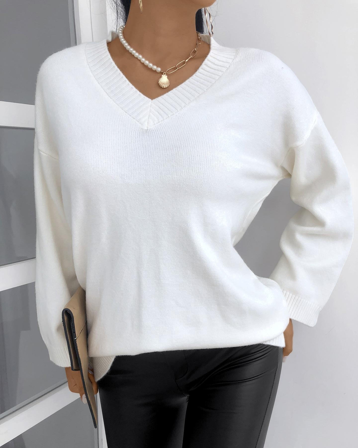 

Plain Long Sleeve Casual Sweater, White