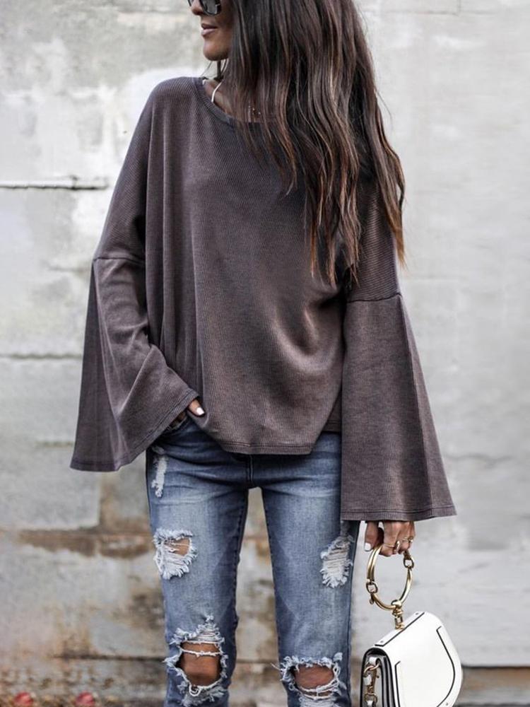

Stylish Solid Flared Sleeve Loose Sweatshirt