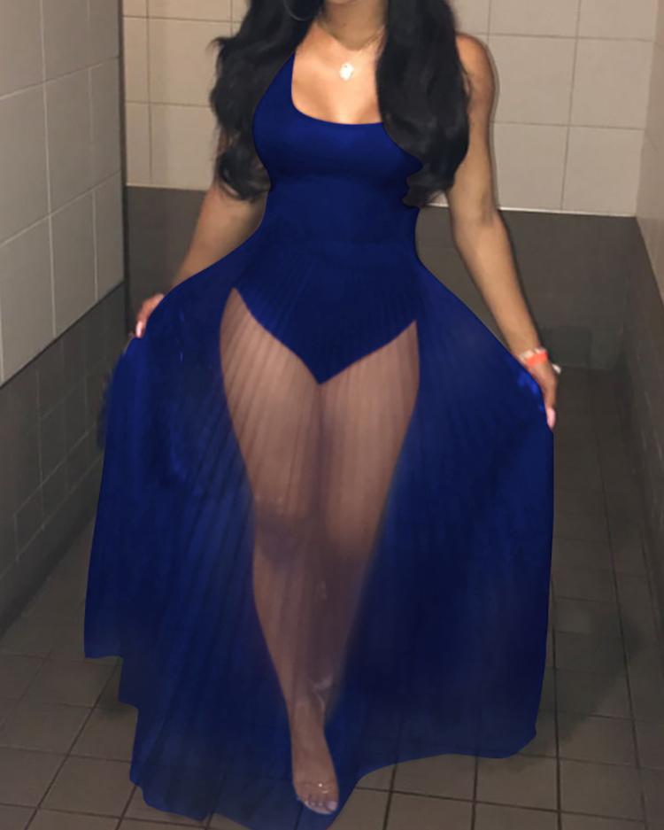 

Solid See Through Maxi Romper Dress, Dark blue
