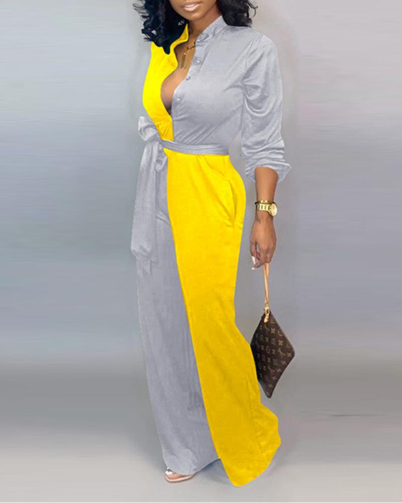 

Contrast Button Tie Waist Jumpsuit, Yellow