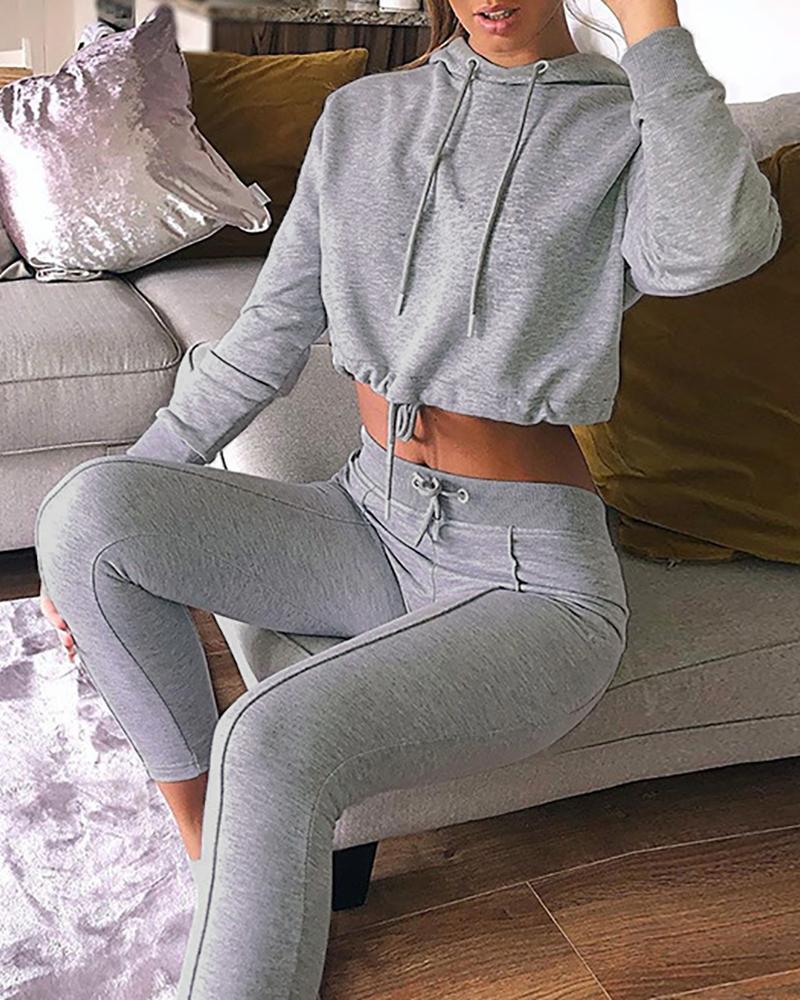 

Solid Drawstring Design Hoodie & High Waist Pant Sets, Gray