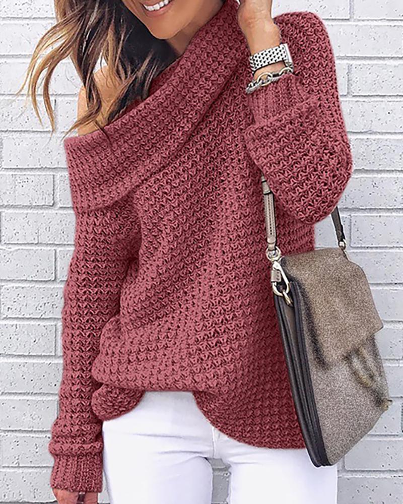 

Solid High Neck Knitting Casual Sweater, Red