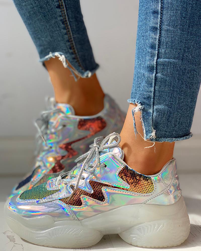 

Laser Sequins Lace-Up Platform Casual Sneakers, Multicolor