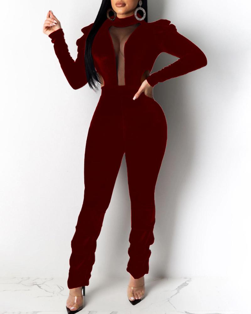 

Velvet Mesh Backless Long Sleeve Jumpsuit, Wine red