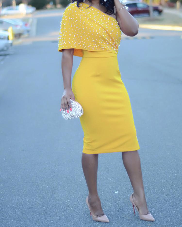 

Beaded Embellished One Shoulder Slit Bodycon Dress, Yellow