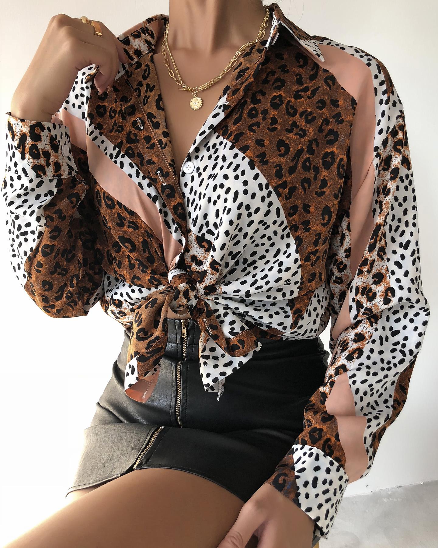 

Leopard Print Tie Neck Casual Shirt, Coffee