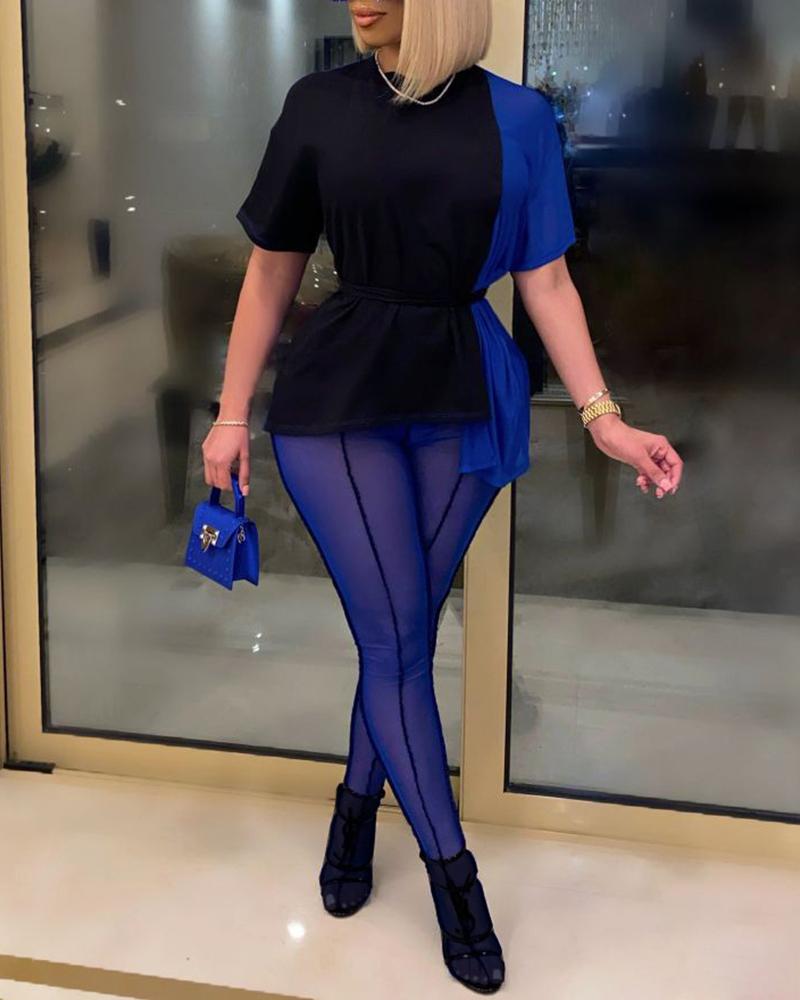 

Colorblock Short Sleeve Top & Mesh Skinny Pants Set, Dark blue