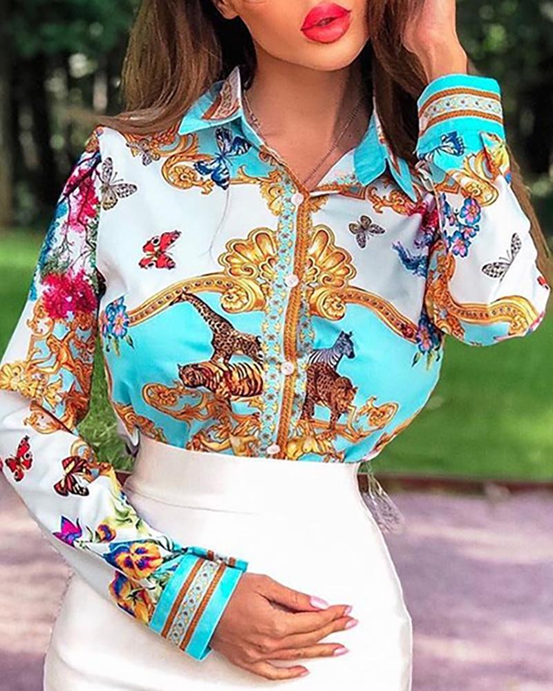 

Turn-down Collar Print Long Sleeve Blouse, Blue