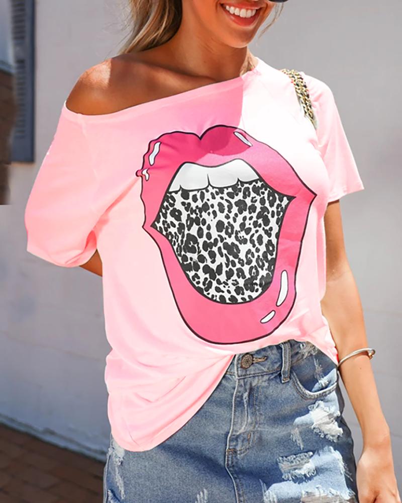 

Leopard Lip Print Short Sleeve T-shirt, Pink